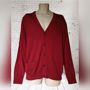 NWT Lands End 100% Supima Cotton Knit Button Down Sweater Cardigan Large Red
